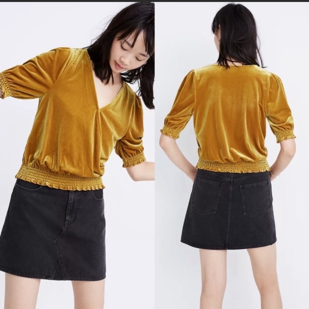 Madewell Mustard Velvet Smocked-Waist Top